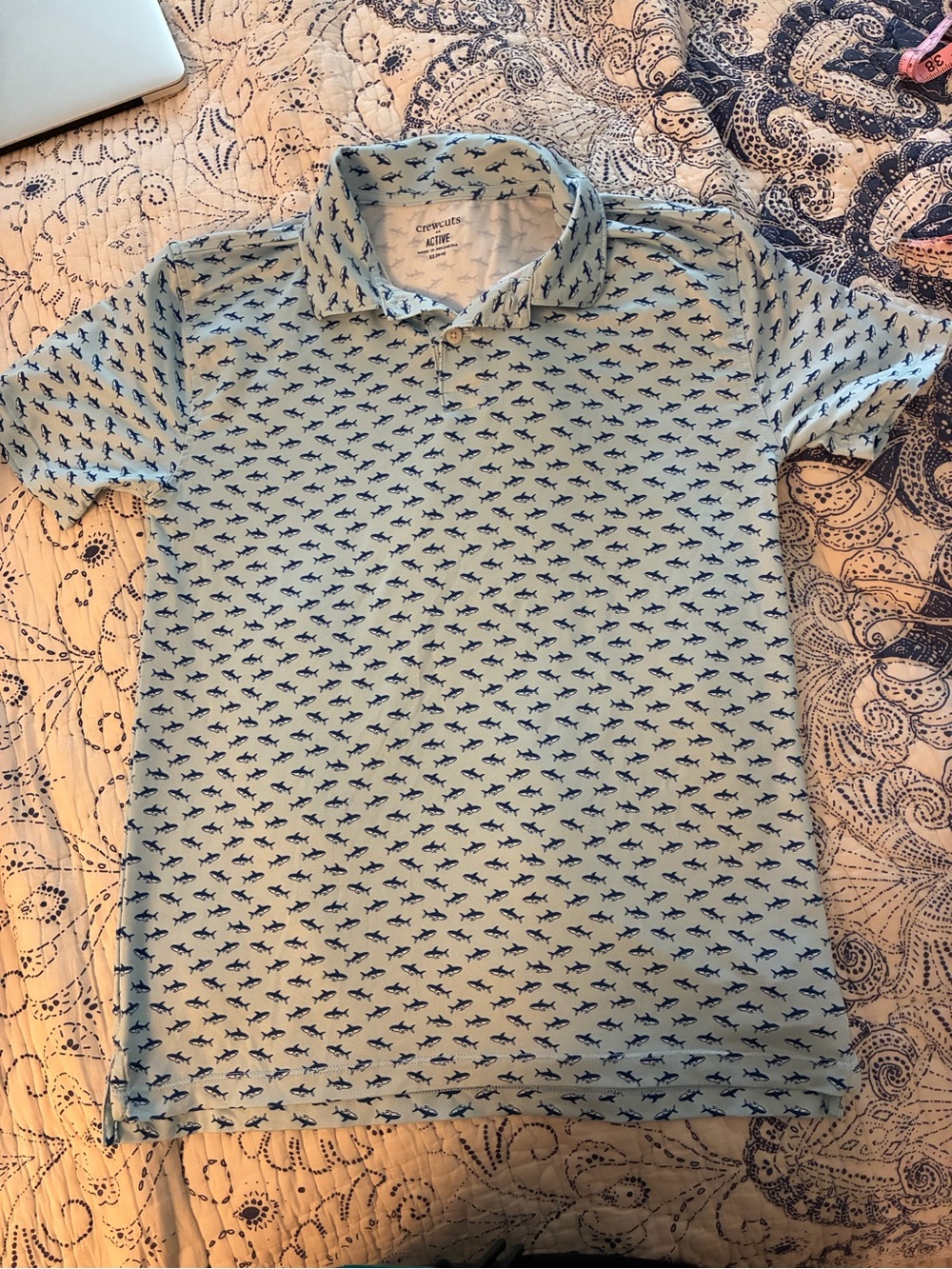 Crewcuts Light Blue Active Polo with Navy Shark Print - XL 12-14